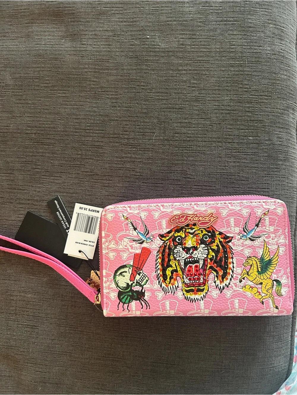 Ed Hardy pink double zip wristlet wallet with rhinestone accents